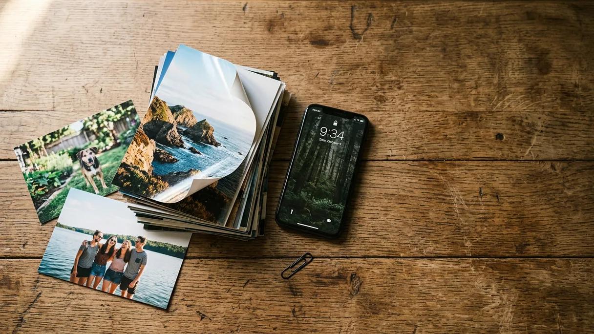 A stack of printed photo prints and a phone on a sunlit wooden table.
