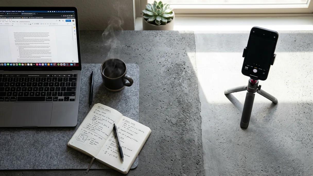 A laptop and notebook beside a phone on a tripod, split across a desk in soft light.