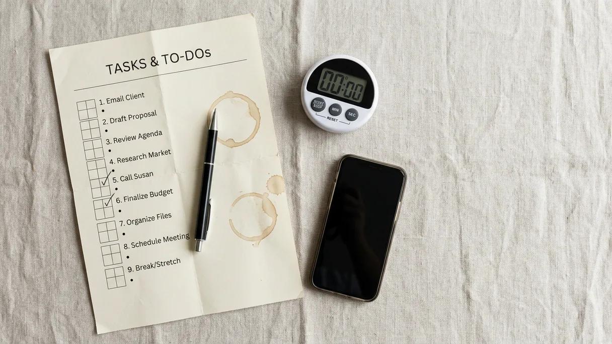 A printed checklist, a pen, a timer, and a phone laid out on linen in daylight.