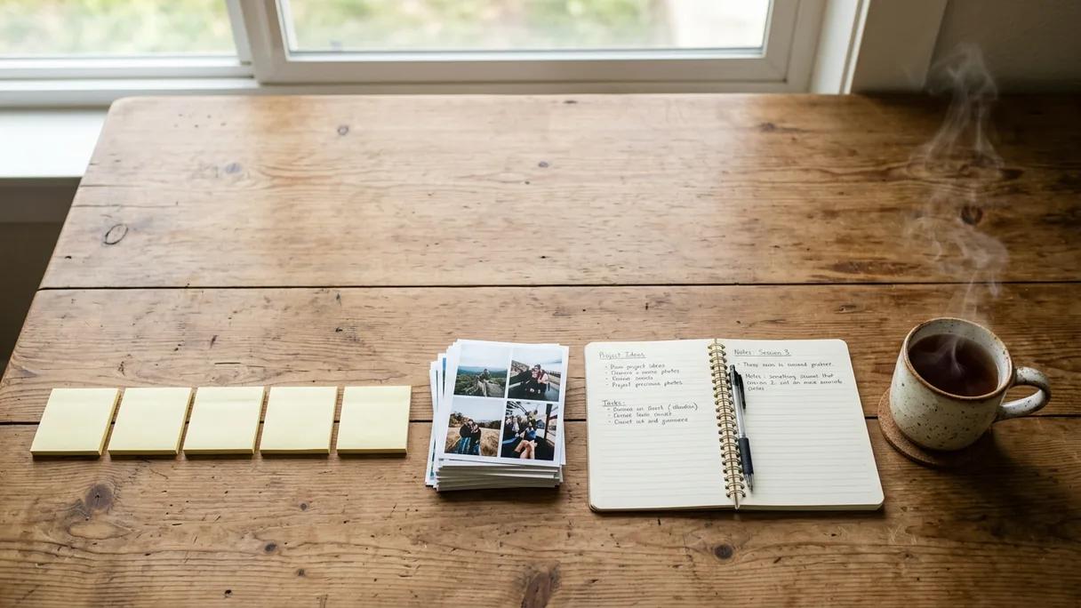 Sticky notes in a row, photo prints, and a notebook arranged neatly on a wooden table.