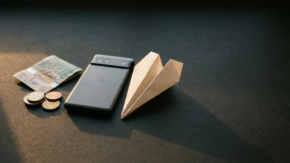 Stacked coins and a phone beside a folded paper rocket on a dark surface in warm light.