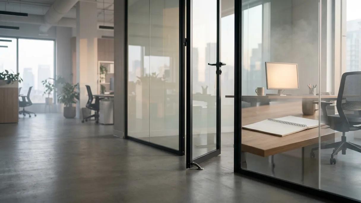 A workspace seen through a propped-open glass door with a desk and soft monitor glow beyond.
