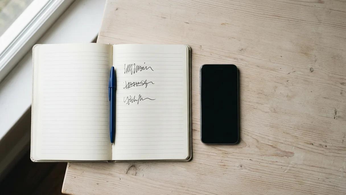 An open notebook with three spaced lines, a pen, and a phone on a desk in soft light.