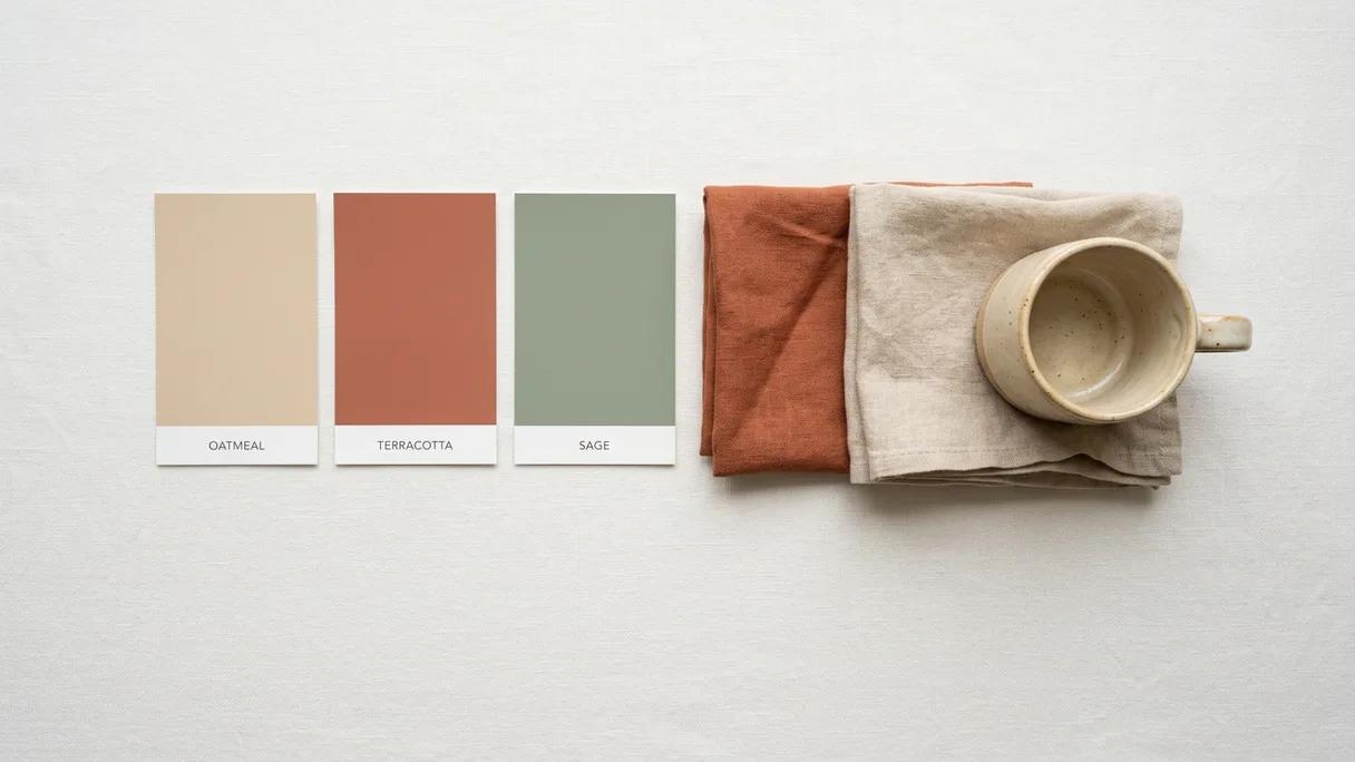 Coordinated color swatch cards, folded fabric, and a mug arranged on a clean surface.