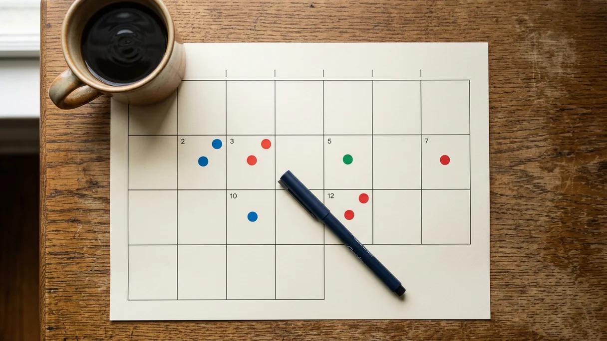 A printed calendar grid with colored dot stickers, a pen, and coffee on a wooden desk.