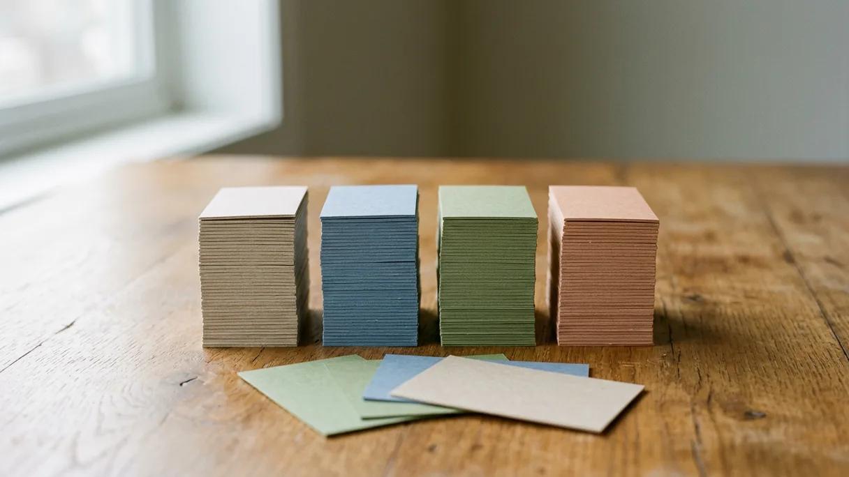 Four small upright stacks of colored index cards standing in a row on warm wood.