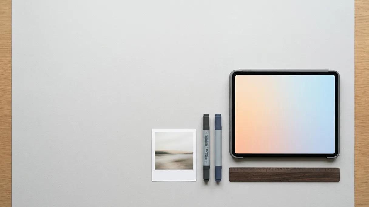 A tablet, ruler, markers, and an off-center photo print arranged with empty space on a desk.