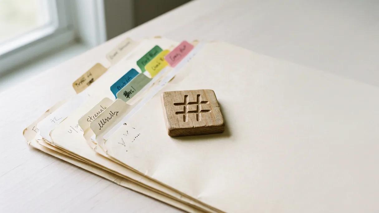 Fanned paper folders and a wooden tile with a hash mark on a pale surface in soft light.