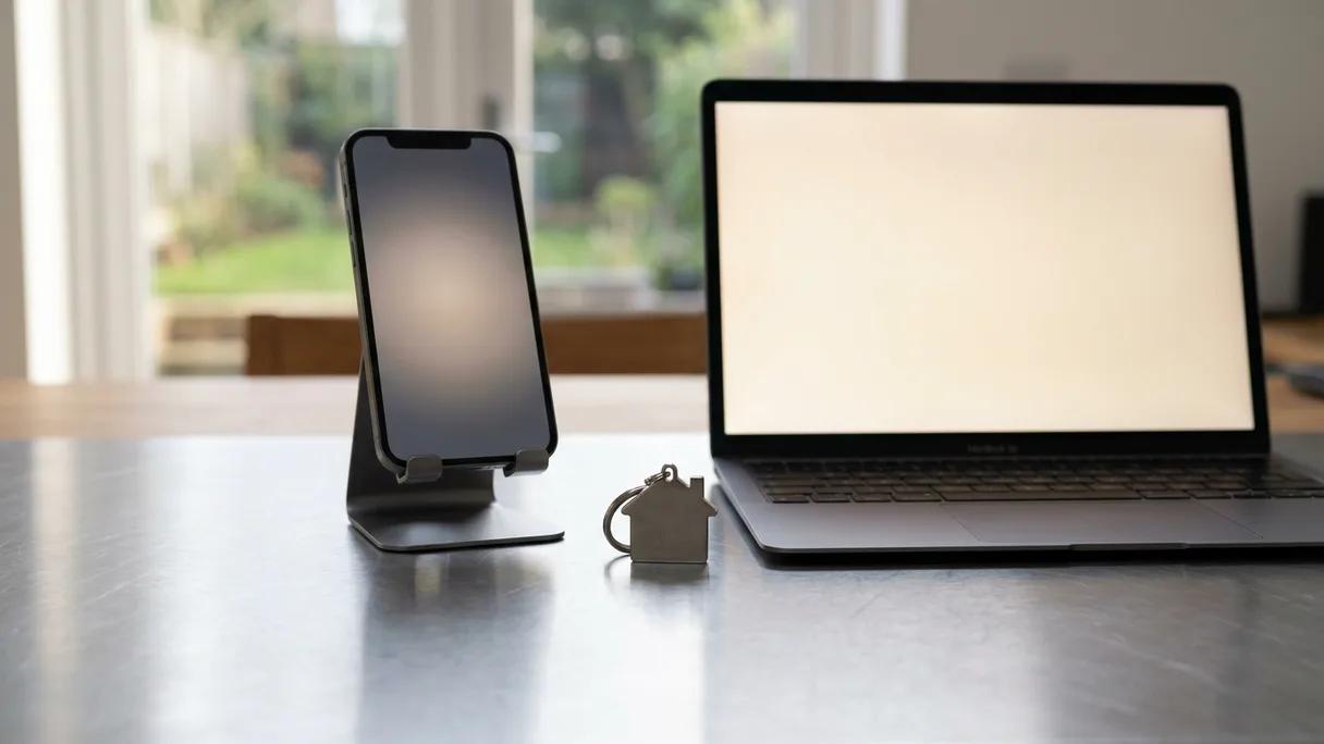 A phone and a laptop side by side with a small house keychain on a brushed steel surface.