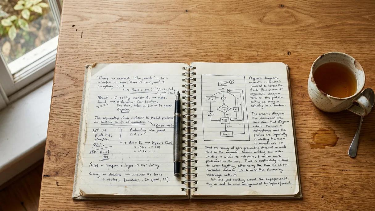 Open handwritten notebook with a fountain pen and a mug of tea on a sunlit oak desk.