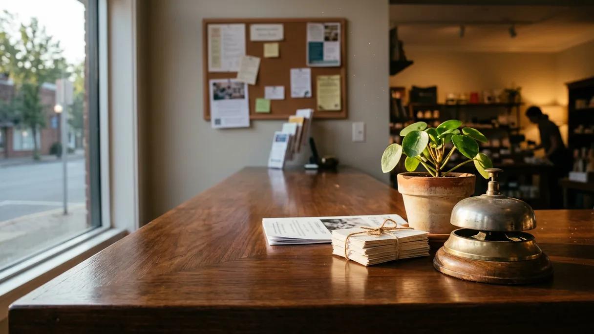 A local shop counter with a brass bell, loyalty cards and a corkboard in warm afternoon light.