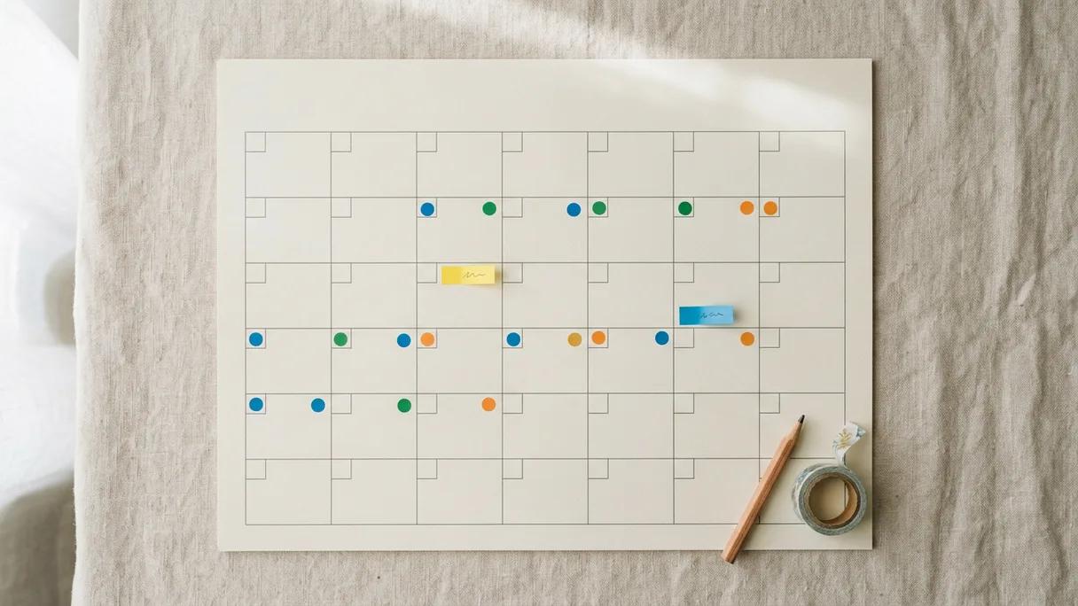 A flat paper monthly calendar marked with colored sticker dots, a pencil and washi tape.