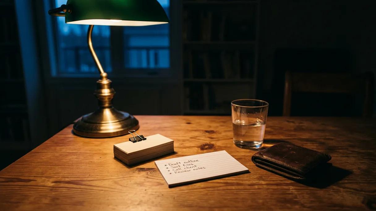 A stack of plain business cards and a handwritten list under a warm desk lamp at dusk.
