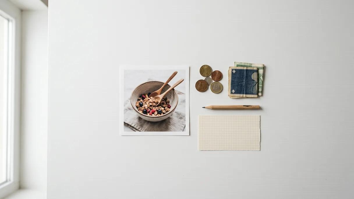 A printed product photo beside a few coins and folded banknotes on a clean white desk.