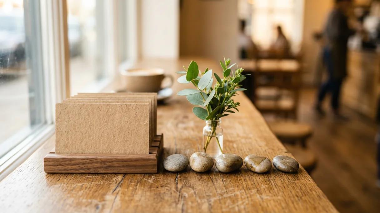 A wooden card stand with blank kraft cards and five small pebbles on a sunlit cafe counter.