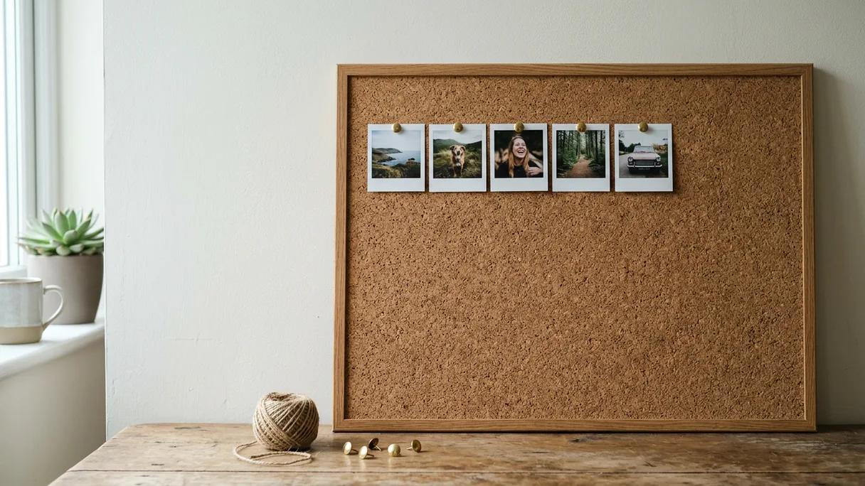 A short row of small photo prints pinned to a mostly empty cork pinboard with brass tacks.