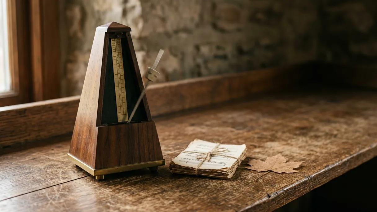A wooden metronome with its arm mid-swing on a worn shelf in warm side light.