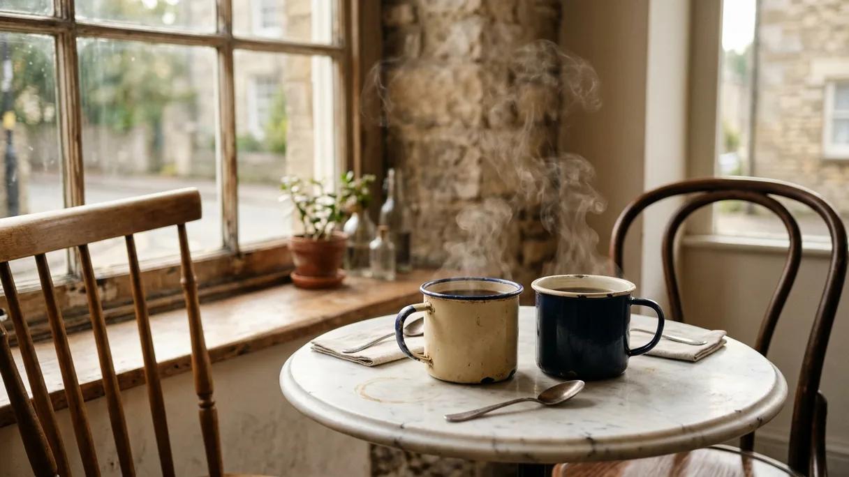 Two steaming enamel coffee mugs side by side on a small marble bistro table.