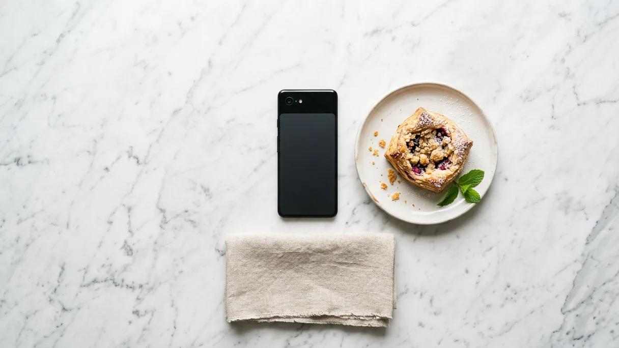 A phone face-down beside a plated pastry and linen napkin on a bright marble surface.