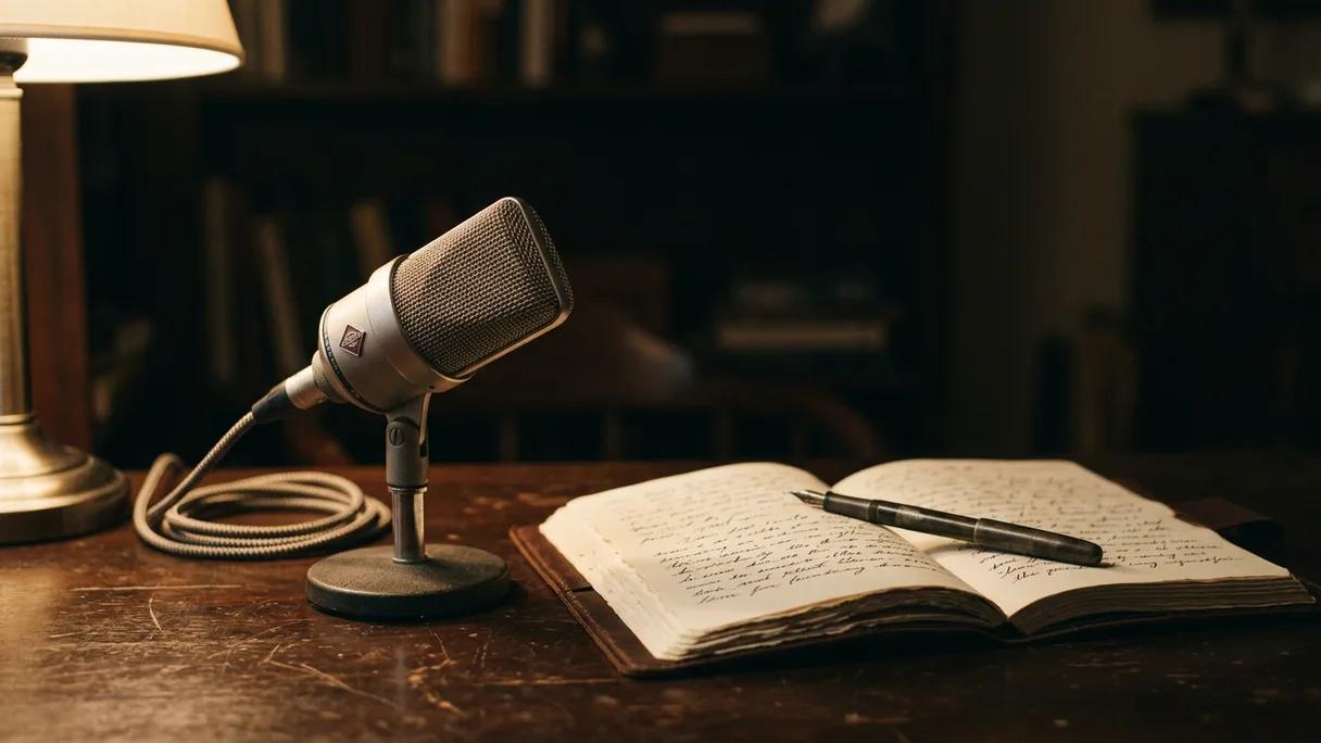 A vintage microphone beside an open handwritten journal and pen in warm lamplight.