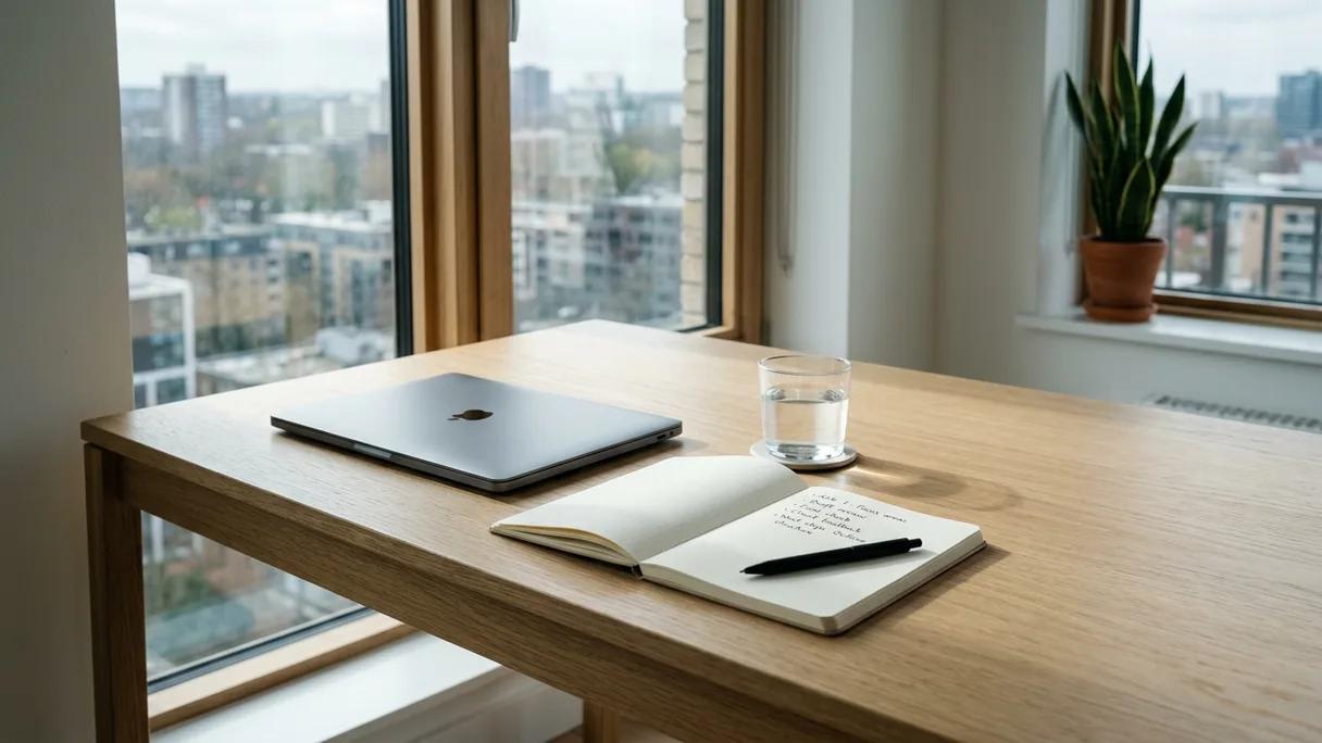 A closed laptop and an open notebook with handwritten notes on a clean desk by a window.