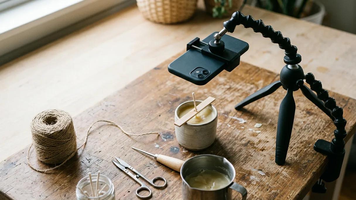 A phone on a small overhead tripod pointed at a half-finished candle and tools on a workbench.