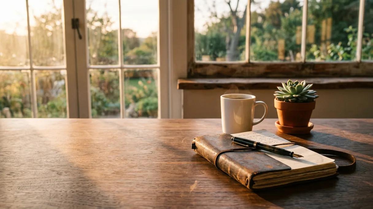 A leather notebook, fountain pen and mug on a walnut desk by a window at golden hour.