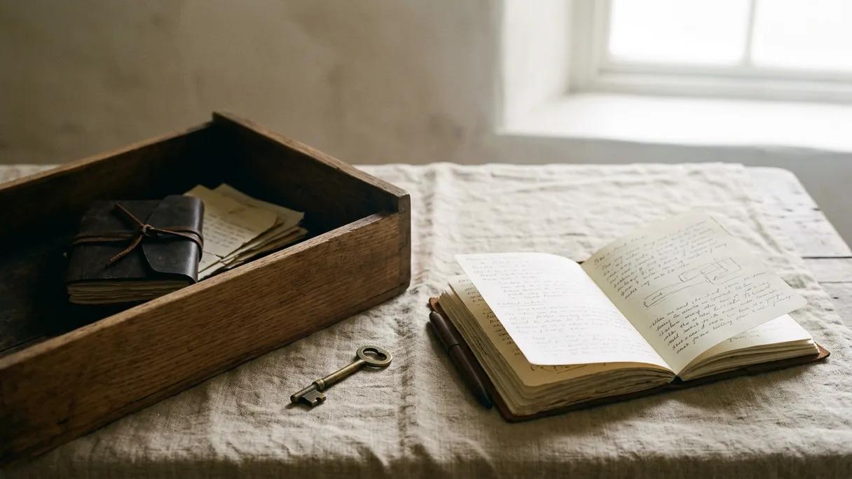 A half-open drawer with a closed journal inside and an open one on linen beside a brass key.