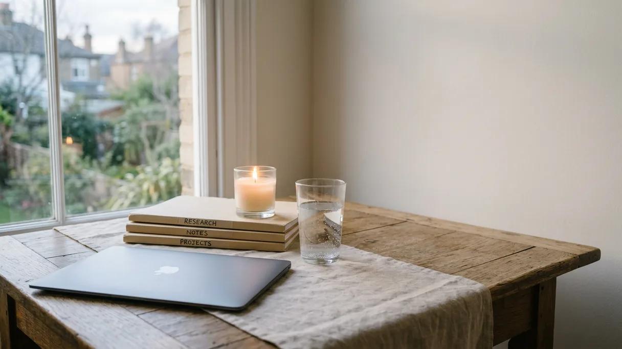 A tidy desk corner with stacked folders, a closed laptop and a low candle in soft light.