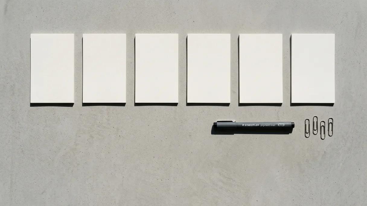 Overhead flat lay of blank index cards in a row with a marker and paper clips on concrete.