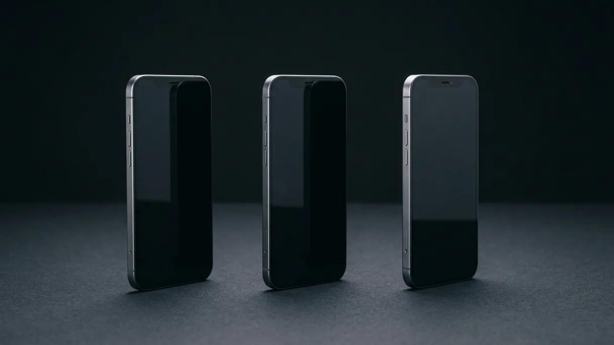 Three vertical smartphones with blank screens standing in a row on a dark matte surface.