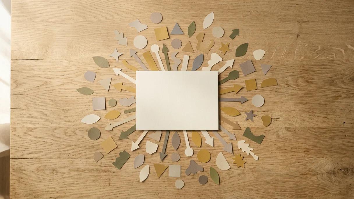 One central sheet of paper fanning out into several smaller cutouts on a light wood table.