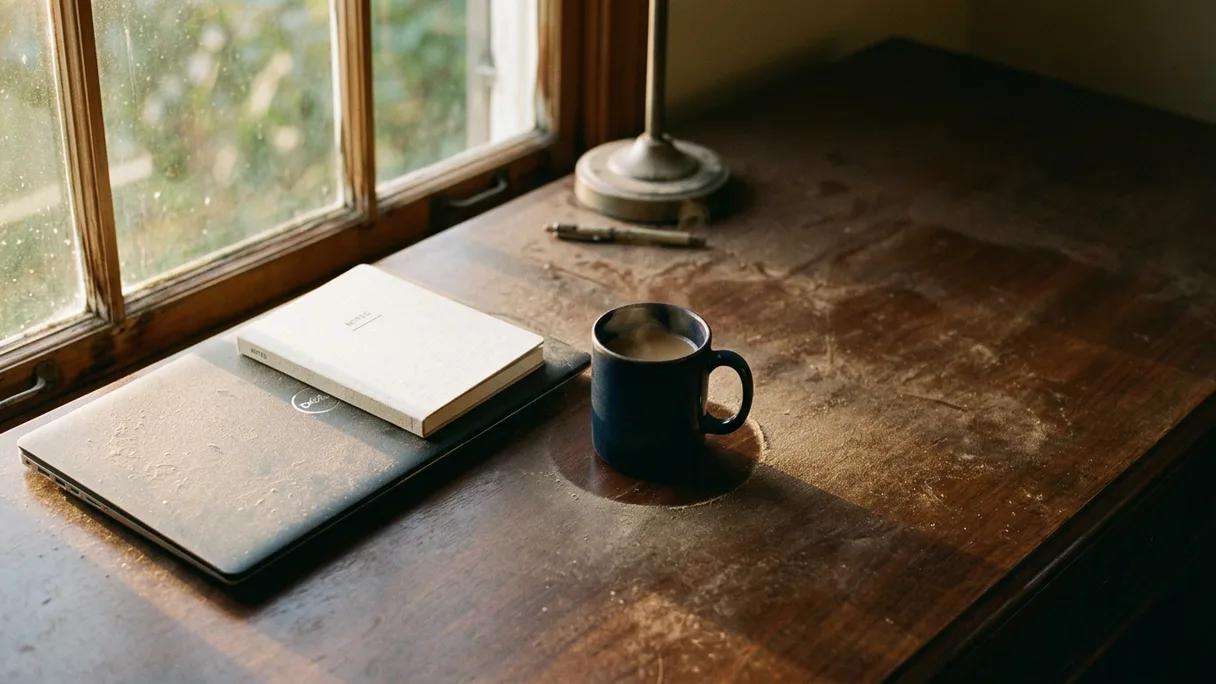 A lightly dusted closed laptop with a fresh notebook and coffee cup in soft morning light.