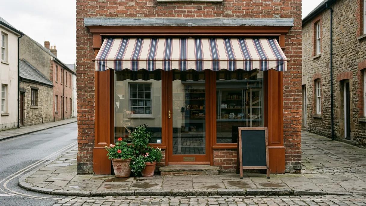 A small independent shopfront with an awning and potted plants on a quiet street in daylight.