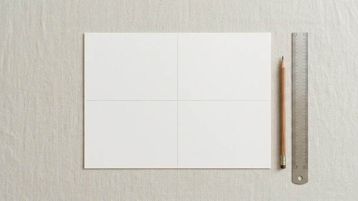 A single sheet divided into four empty quadrants with a pencil and ruler on linen.
