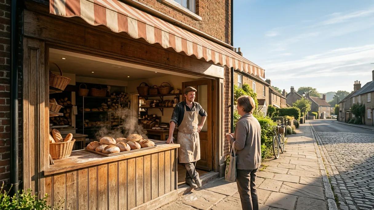 A baker greets a regular customer at a sunlit neighborhood bakery's open front in the warm morning.
