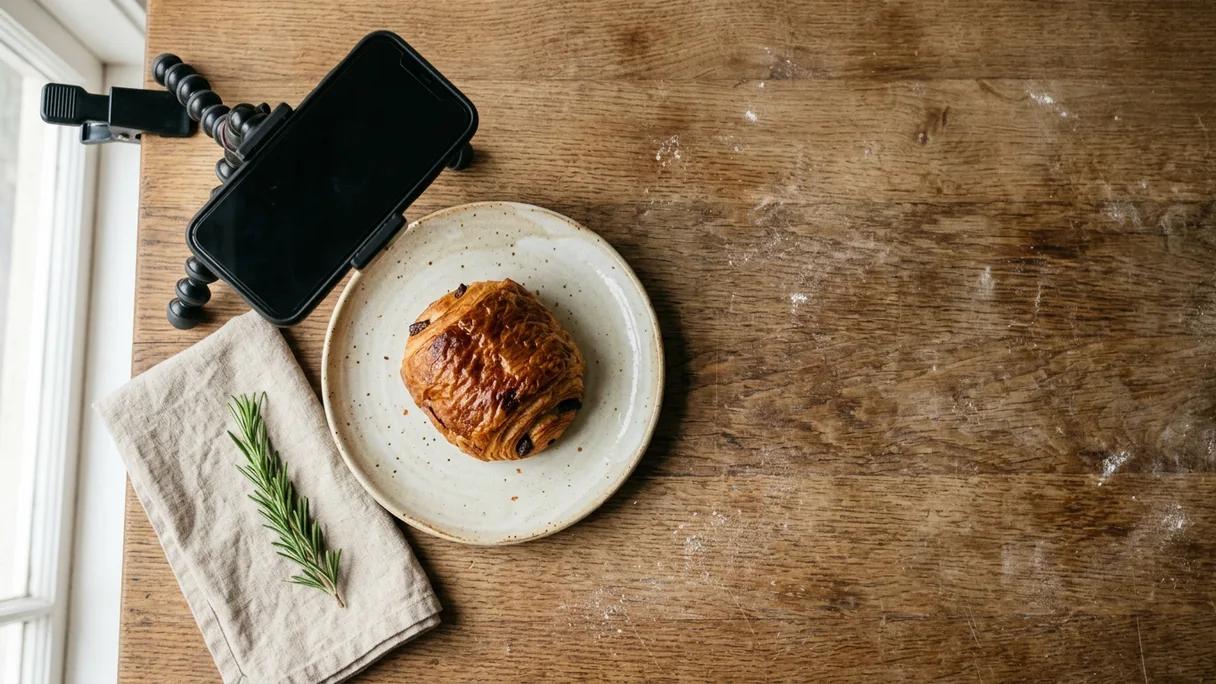 Overhead view of a baker's hands styling a pastry on a plate beside a phone on a tripod in soft morning light