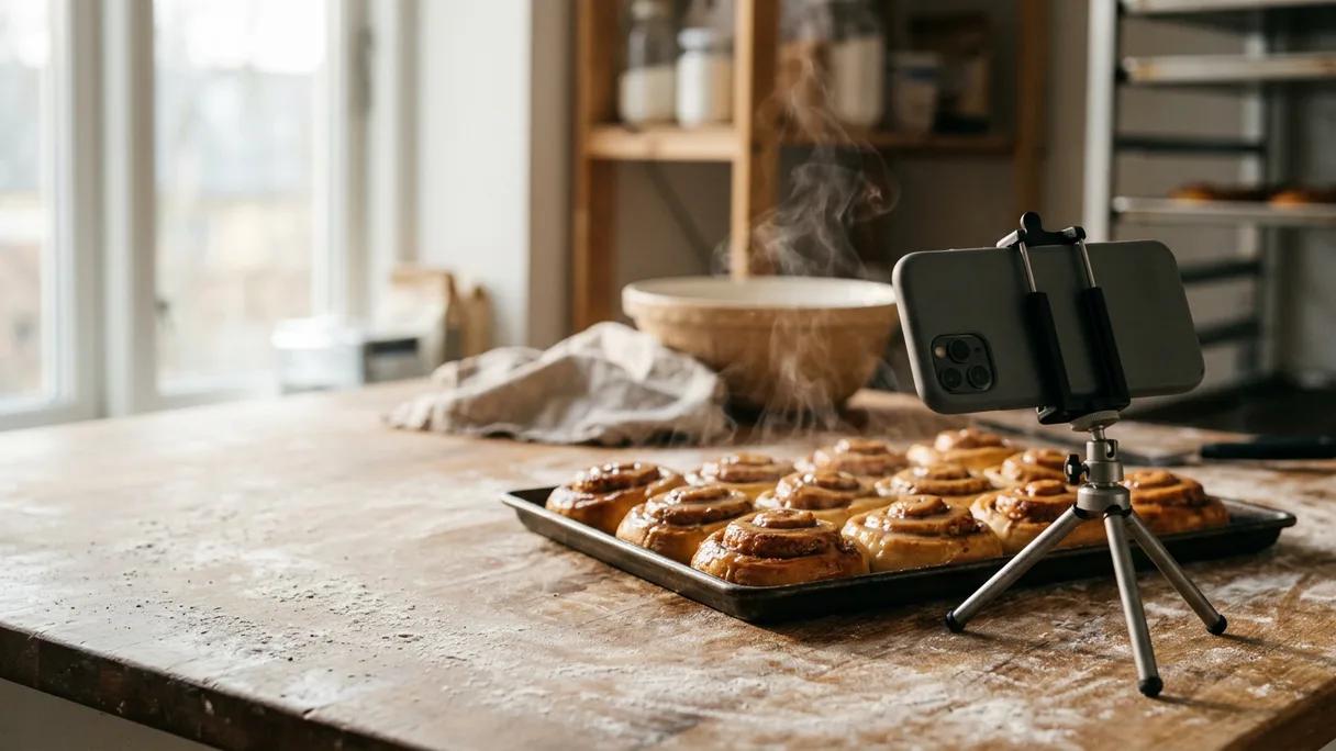 A small bakery owner films a vertical phone clip of fresh glazed buns in soft morning light