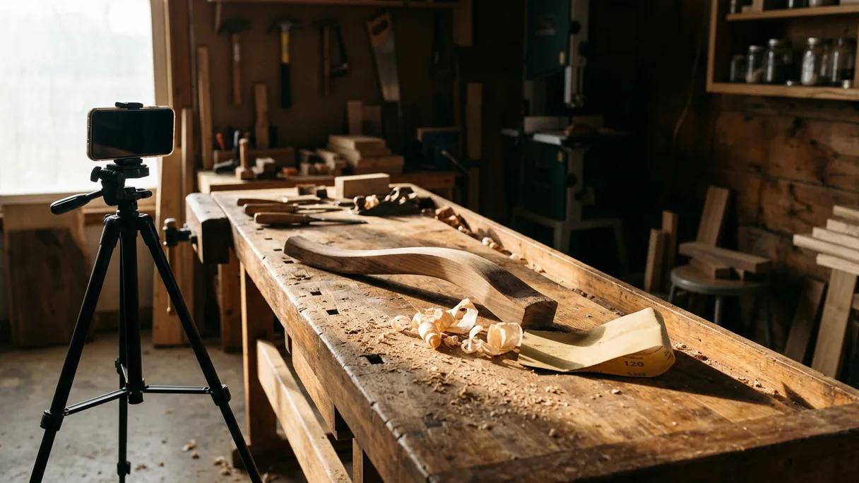 Phone on a tripod filming a maker's hands sanding a chair leg in a sunlit workshop