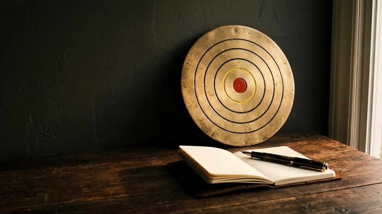 A concentric target leaning upright on a dark desk with a notebook and pen in focused light.