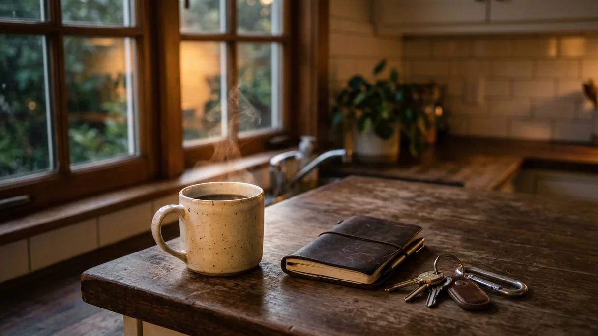 A steaming mug beside keys and a small notebook on a counter in warm evening light.