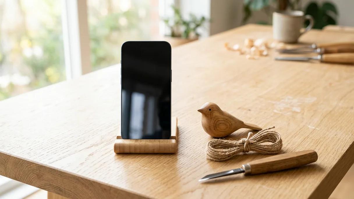One upright smartphone beside a small handmade object and twine on a light workbench.