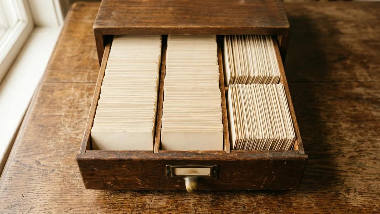 An open wooden card-catalog drawer with neat rows of cream cards on a worn desk in warm light.