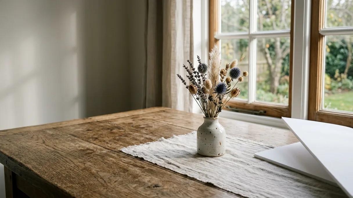 A ceramic vase by a sunlit window on a linen runner, with a white reflector board beside it.