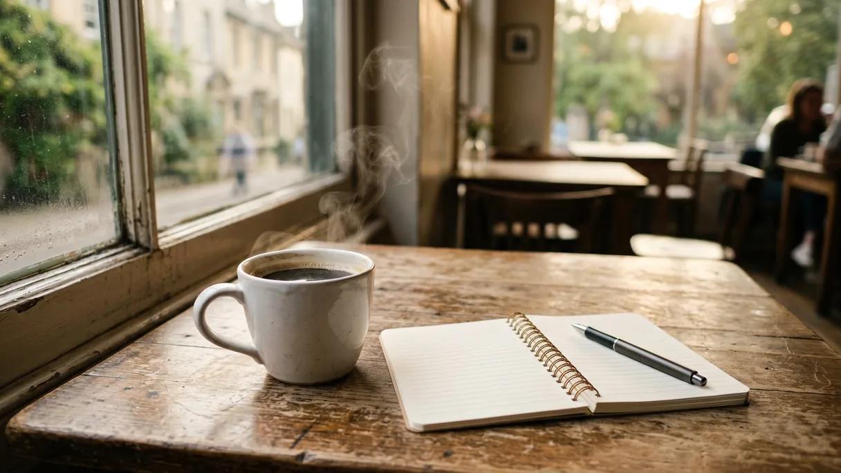 A coffee mug, a blank notebook and a pen on a wooden cafe table in warm afternoon light.