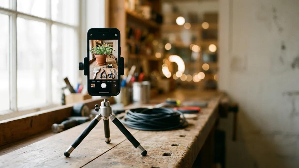A phone on a small tripod filming a workbench scene of a plant and tools in daylight.