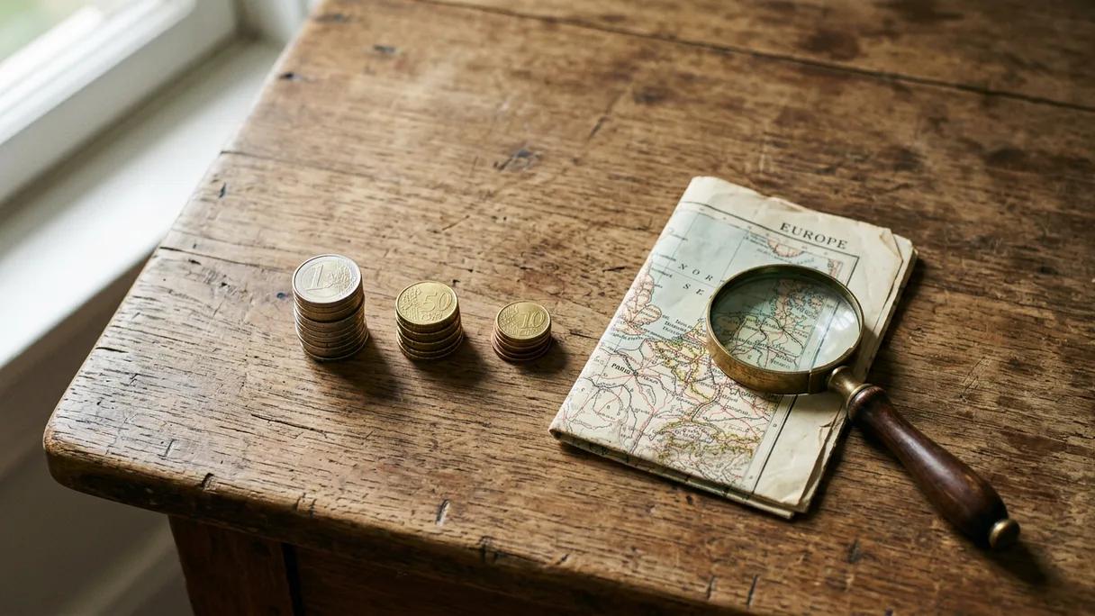 Three small descending stacks of euro coins on a wooden desk beside a magnifying glass.