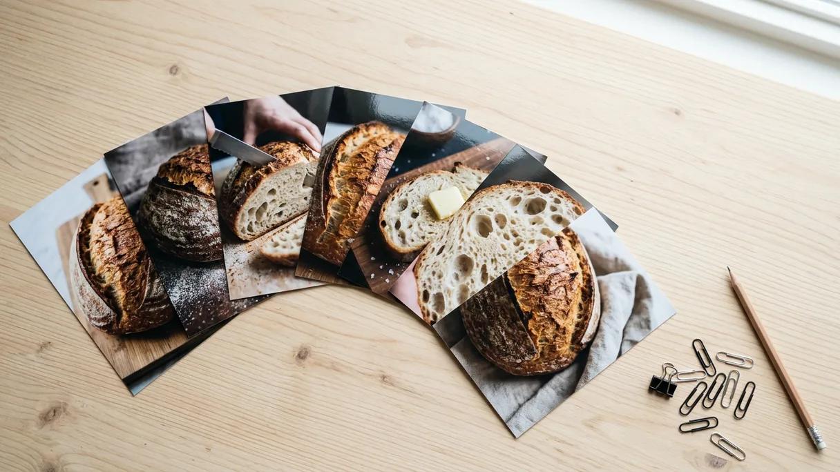 Several overlapping printed photos of one loaf of bread spread across a pale wooden table.
