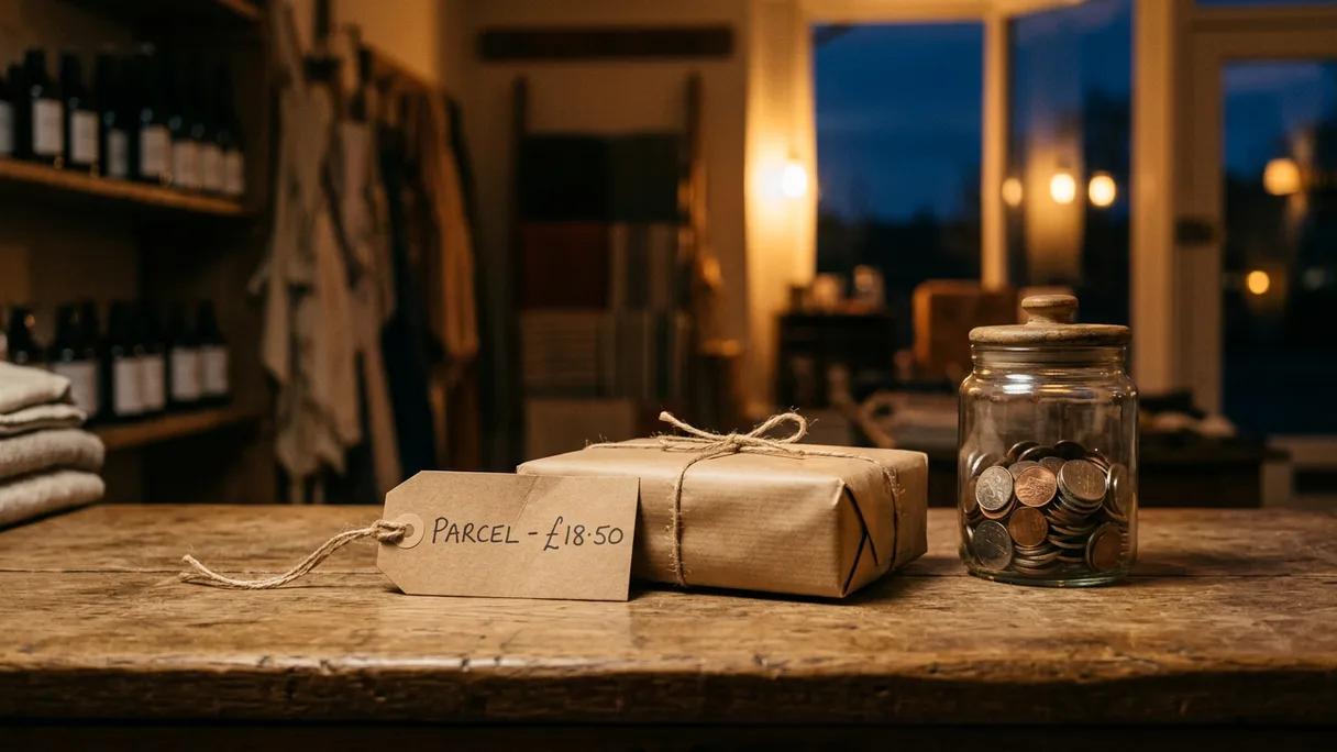 A wrapped parcel, a tied price tag and a jar of coins on a wooden shop counter at dusk.