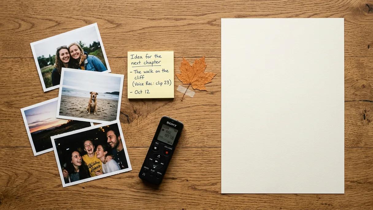 Candid photo prints, a sticky note and a voice recorder clustered beside a blank sheet on a desk.